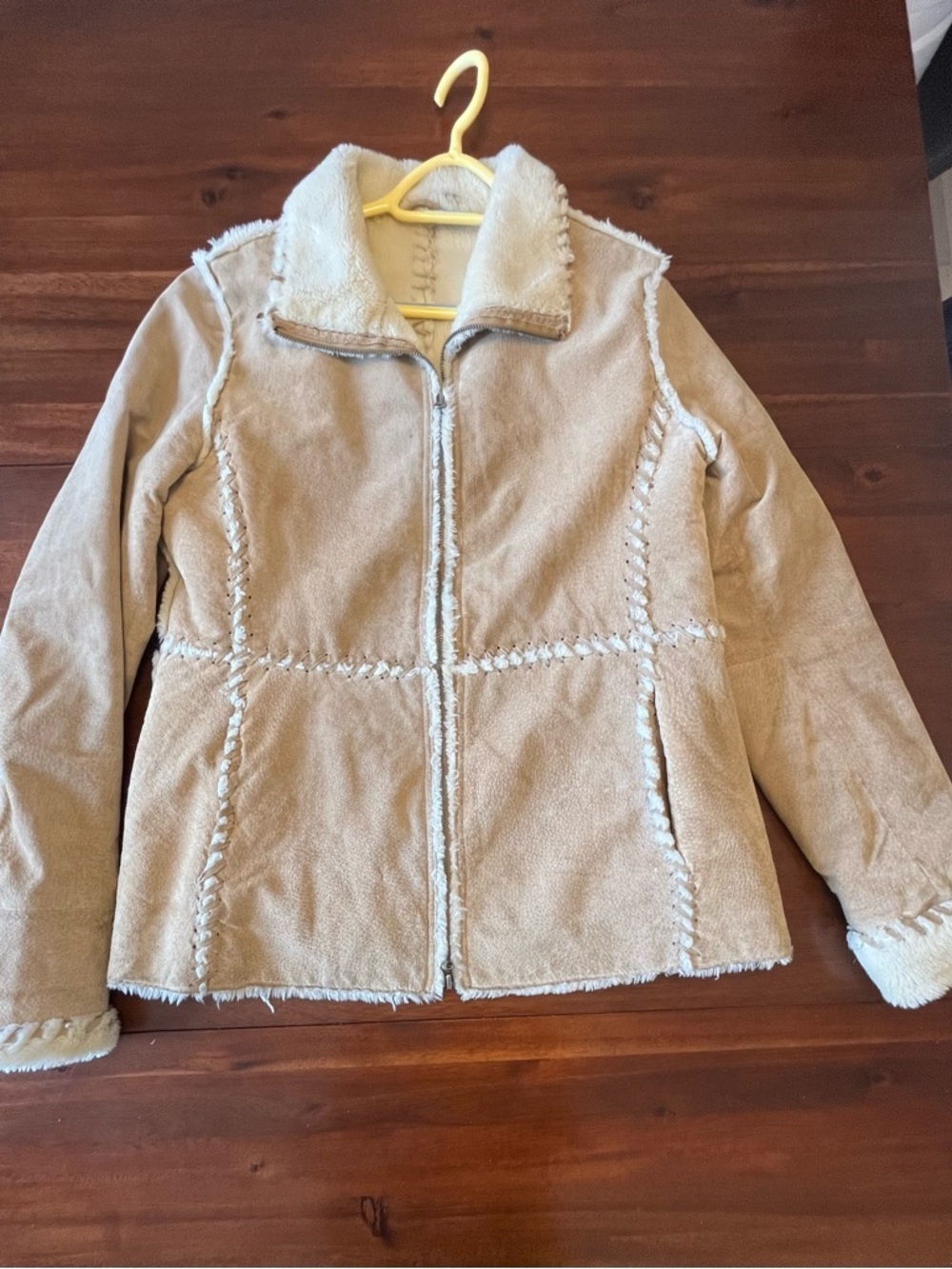 Vintage Y2K leather Sherpa Jacket Shearling Style Coat Aviator Beige Warm - Picture 2 of 16